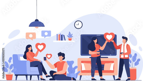 People interacting with digital hearts and devices in a modern living room