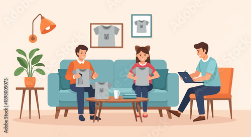 People in a room looking at t-shirts while one uses a laptop