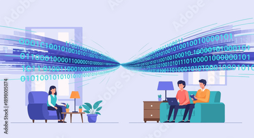 People interacting with digital data streams in cozy home settings