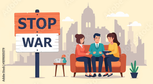 People sit on couch near stop war sign with city ruins background