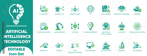 Artificial Intelligence Technology icons set.Features robotics, security, chatbot, and learning vectors. Perfect for automation UI, smart manufacturing, and eco-tech.