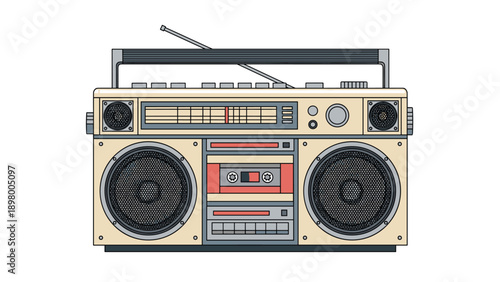 Retro style pixel art illustration of a portable boombox cassette player in beige tones on a white background.