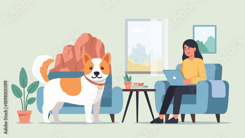 Woman using laptop near dog in cozy room with plants and window view