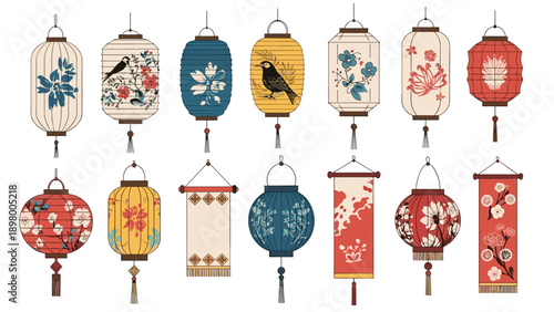 Decorative assortment of colorful Asian lanterns features various patterns, bird designs, and floral motifs in a festive style.