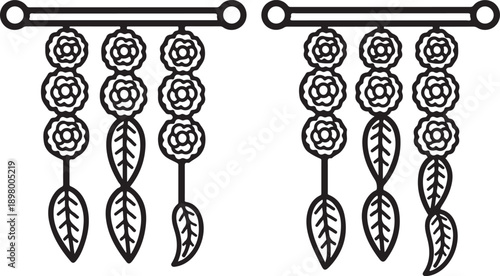 Intricate floral and leaf patterns hanging from a horizontal bar design isolated on white background, illustration