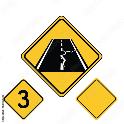 Three yellow diamond-shaped road signs, with the main sign illustrating a cracked road surface, indicating a hazard or damaged road ahead, accompanied by a number 3 sign and a blank sign.