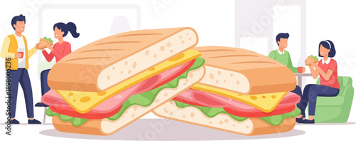 People enjoying large sandwiches in a cafe setting