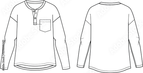 Long sleeve henley shirt technical fashion illustration vector template with front and back view, chest pocket detail, and dropped shoulder for apparel tech packs.