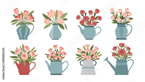 Charming collection of floral arrangements includes various vases, watering cans, and teapots filled with pink roses and tulips.