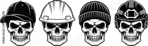 Skull Head Illustration Set with Baseball Cap, Construction Helmet, Beanie, and Tactical Headgear for Edgy Branding, Apparel, Stickers, and Graphic Design