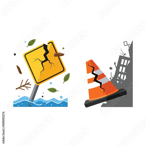Illustrations depicting natural disaster damage with a cracked warning sign in floodwaters and a broken traffic cone near a collapsing building.