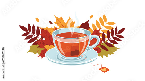 Hot cup of tea sits on a saucer surrounded by vibrant autumn leaves and a floating tea bag, evoking a cozy fall feeling.