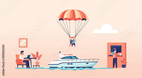 People enjoying leisure activities like hot air ballooning, boating, and relaxing indoors