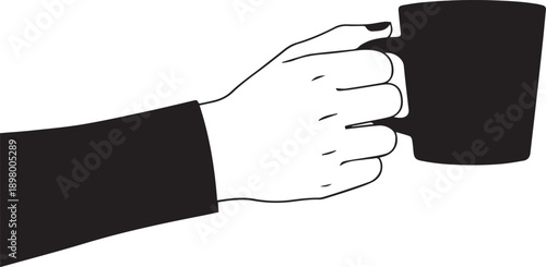 A person's hand holding a black coffee cup with white interior Vector