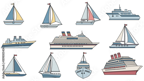 Selection of marine vessels features sailboats, cruise ships, and motorboats in a clean and detailed illustration style.
