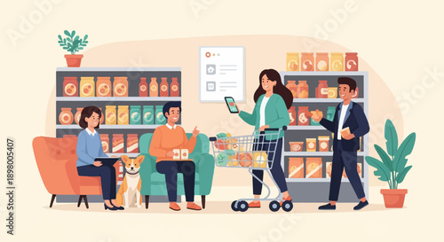 People and dog in store, woman with phone, man with cart