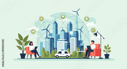 People connected to a smart city powered by renewable energy sources