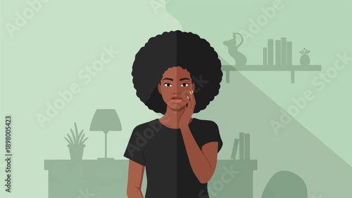 Woman with afro touches her face in a room with minimalist decor