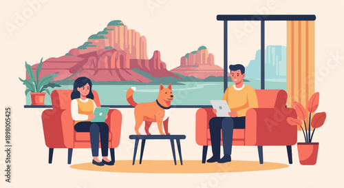 People with dog relaxing indoors, looking at tablets, scenic view