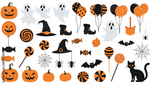Spooky Halloween clip art set features black cats, bats, spiders, webs, pumpkins, and candies for festive holiday decorations.
