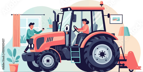 People interacting with a large vehicle indoors, near plants and a lamp