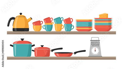 Organized kitchen shelves display various colorful dishes, cups, pots, pans, a kettle, and a grater in a modern setting.