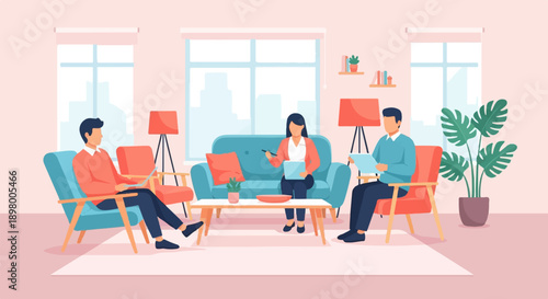 People in a modern living room with contemporary furniture and plants