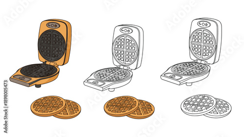 Waffle makers and freshly baked waffles are shown in colored and line art versions, offering a comprehensive kitchen set.