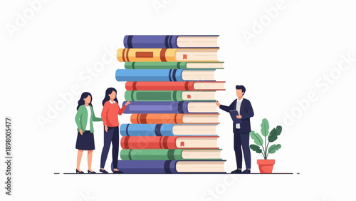 People interacting with a large stack of colorful books