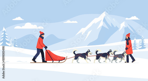 People with dogs pulling sled on snowy landscape with mountains