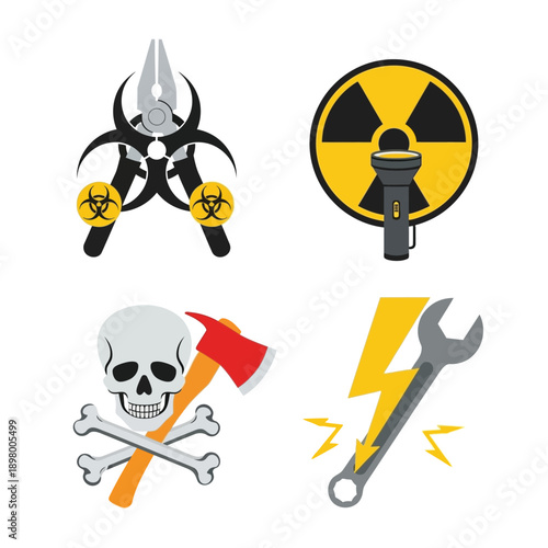 Four distinct hazard and tool icons including biohazard pliers, radiation flashlight, skull and axe, and electric wrench.