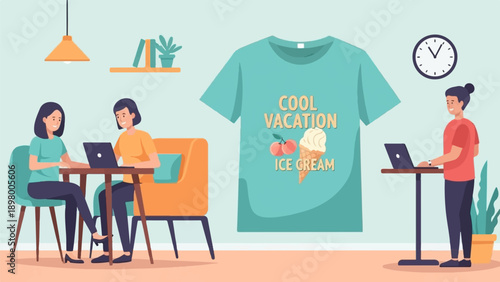 People designing a t-shirt with "Cool Vacation Ice Cream" theme