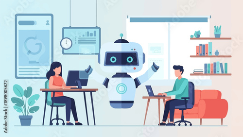 Office with humans and robot working on computers and robots