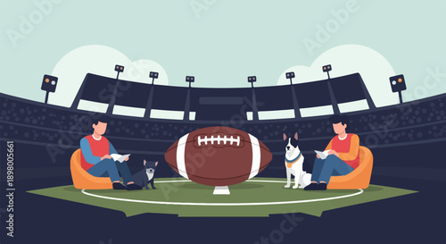 People with dogs relax on beanbags near a giant football in a stadium