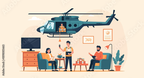 People relax indoors while a helicopter delivers cargo and a man takes photos
