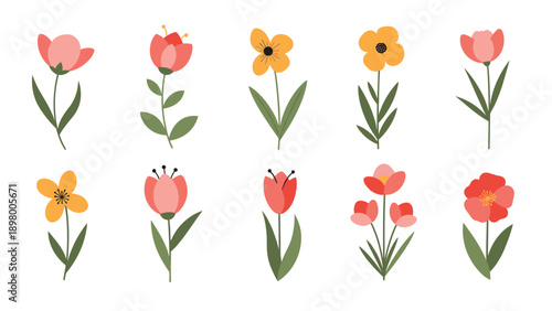 Charming set of ten stylized flowers with stems and leaves features various shapes and colors like pink, red, and yellow.