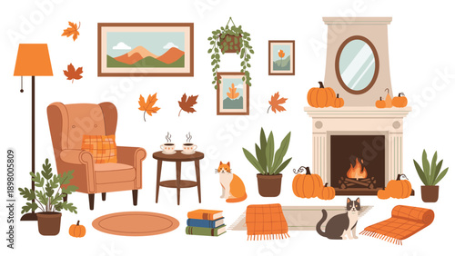 Cozy autumn living room features a fireplace, pumpkins, cats, armchairs, and falling leaves in a warm atmosphere.
