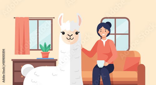 Woman with llama and coffee in a cozy room
