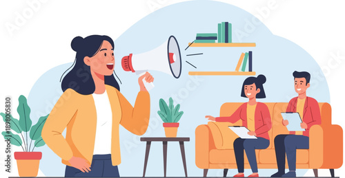 Woman with megaphone addresses two people on couch in office setting