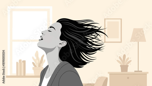 Woman with dark hair blowing in wind, in a room with plants