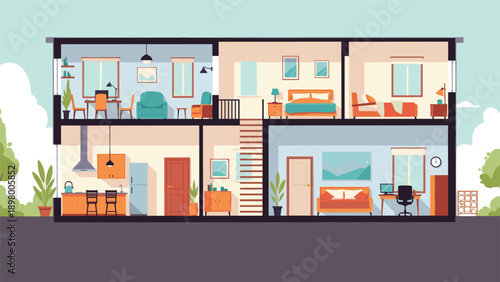 Detailed cross section illustration of a modern two story house shows various rooms like the kitchen and bedrooms.