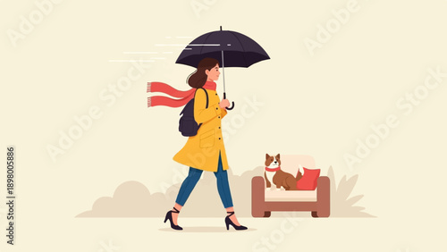 Woman with umbrella and dog on sofa in light windy conditions