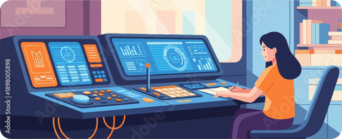 Woman working at a futuristic control panel in a room with bookshelves
