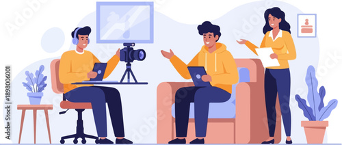 People filming and discussing ideas in a modern studio setting