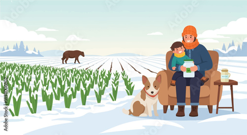 Parent and child with dog in snowy field, farm with crops