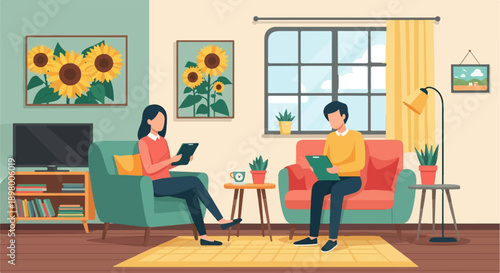 People in a living room with artwork and plants