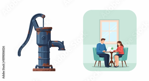 Old water pump next to a couple sitting at a table