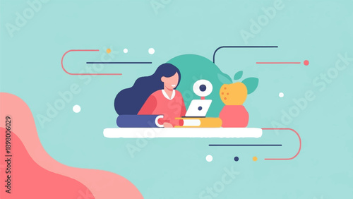 Woman working on laptop at desk with books and an apple on light blue background