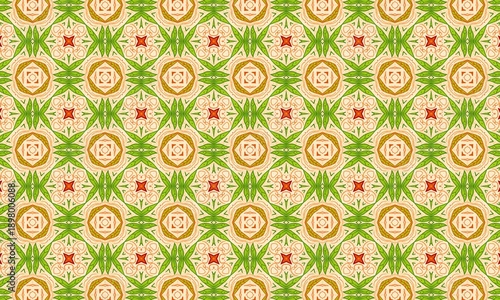 Vibrant seamless pattern of orange circles with white flowers and green leaves on a pale yellow background with red accents and geometric shapes