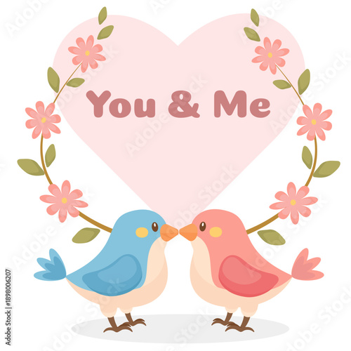You and Me Valentine Card with Cute Birds and Heart Frame